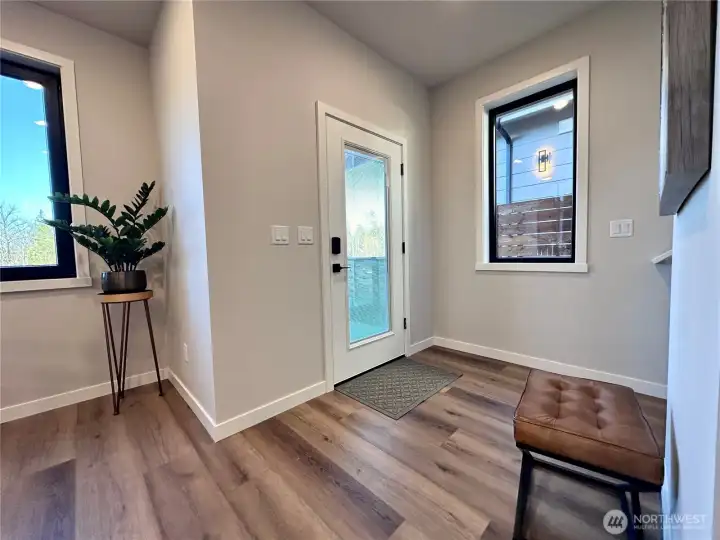 Full light glass front door with internal blinds