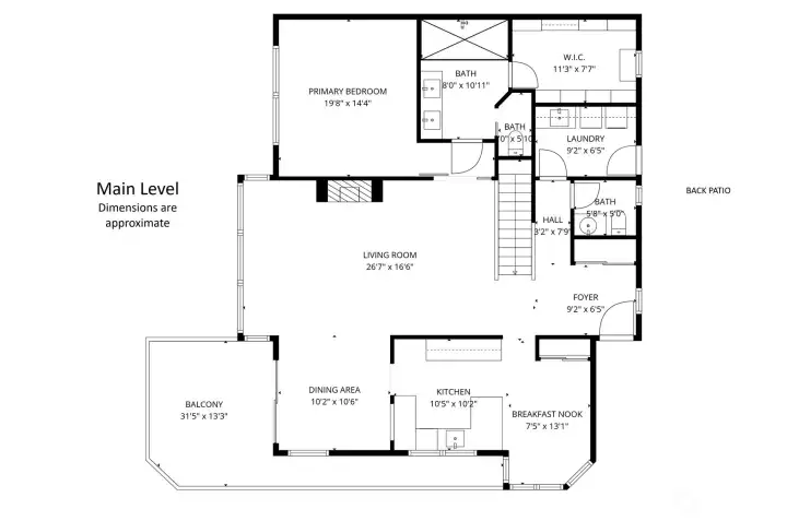 Shown here is the floorplan for the main level of the home, including the deck. Dimensions are approximate.
