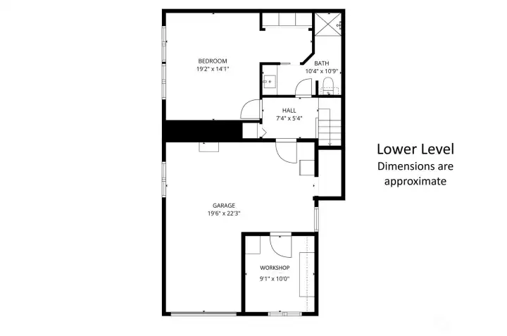 Shown here is the lower level of the home, with the guest suite, hallway, garage and workshop.