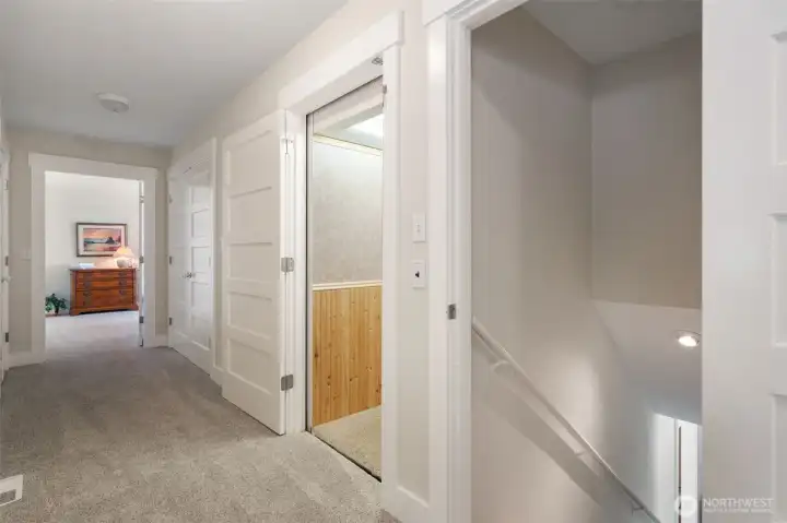 First door on the right after the stairwell is the elevator. First door on the right after the stairwell is the elevator.
