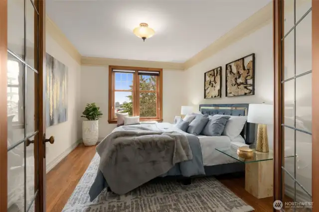Leaded French Doors lead into the Hallway Bedroom... or your Office with a Space Needle View??
