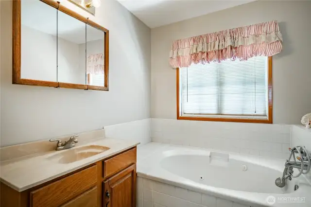 Jetted tub with shower sprayer.
