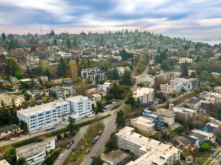 Aerial Looking SE toward Downtown, Elliot Bay & Mt Rainier