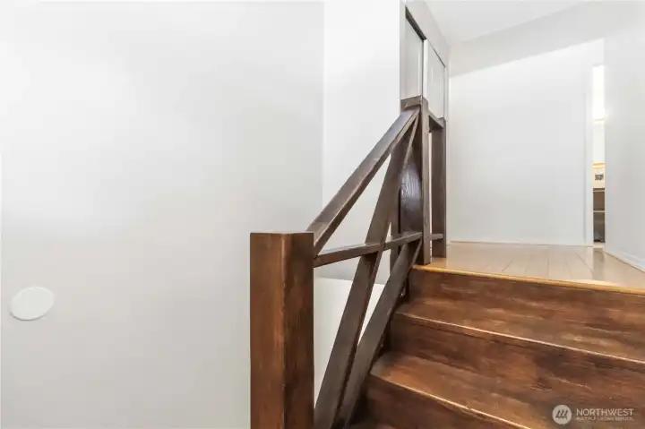 Going up! Coat closet at top of stairs, living room to the left, guest bath straight ahead.