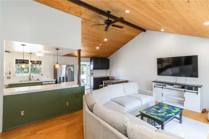 Living room, kitchen & dining area.