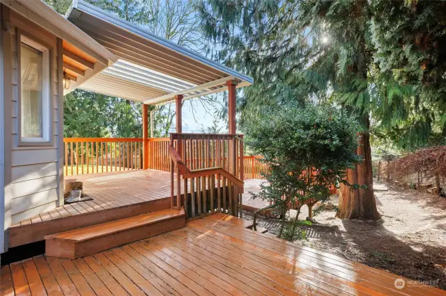 Multi-level deck in spacious backyard.