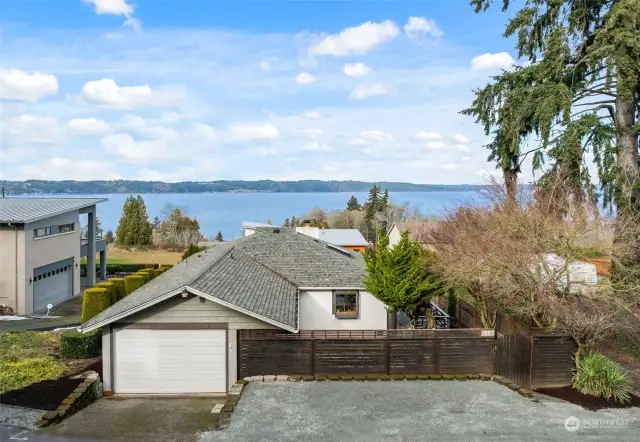 The front of the property looking to the west toward the Puget Sound & Vashon Island.