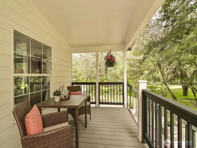 Cozy covered porch for year around barbequing.