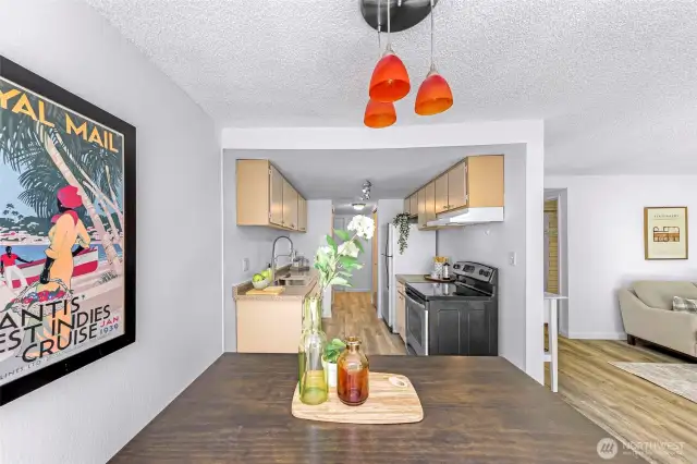 On the backside of the kitchen is another hallway with two additional closets and the guest bathroom.