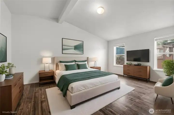 Virtually staged primary bedroom.