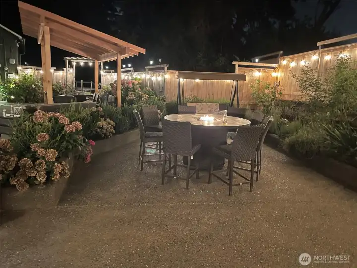 Nighttime view of patio.