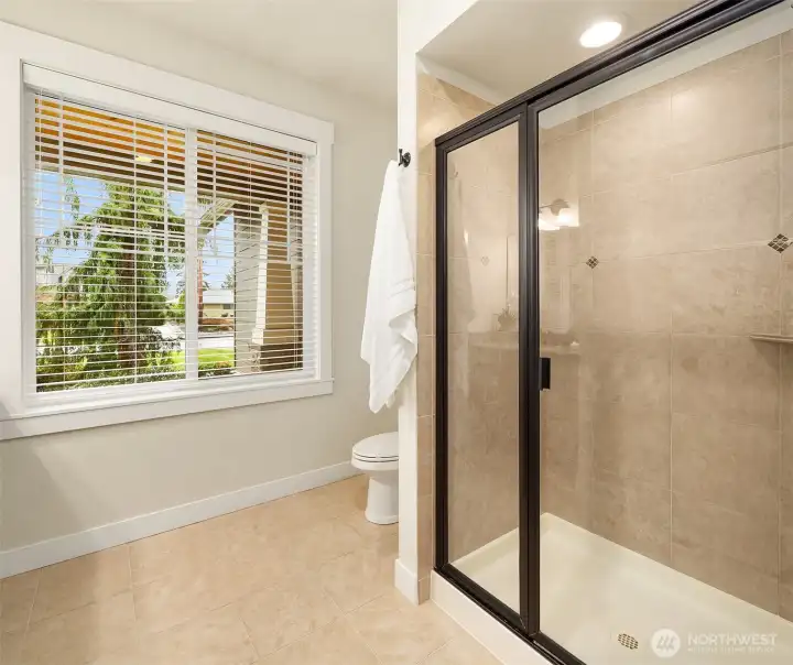 Shower in main level guest bathroom.