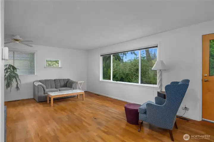 Spacious living room with hardwood floors, large picture window, and abundant natural light.