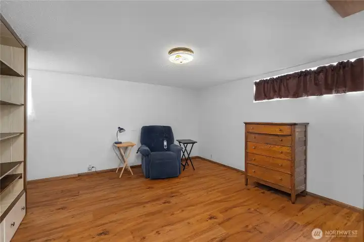 Den - Spacious lower-level room with updated flooring and built-in shelving/storage.