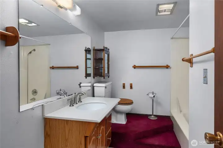 Lower Level Full Bath - Refresh with ease in this roomy lower-level bath with shower and vanity storage.