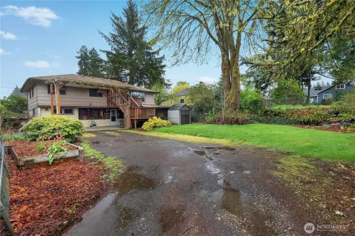 Expansive backyard with lawn, mature trees, and room to garden, play, or relax.