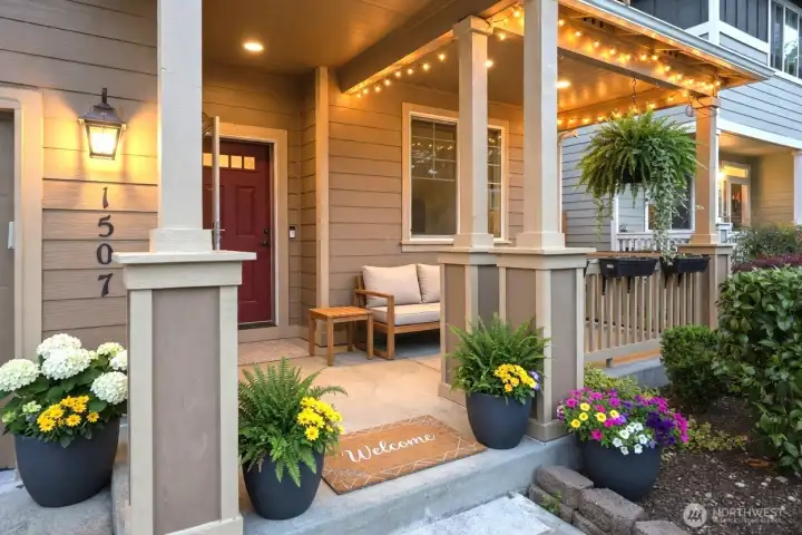 Step into this charming, covered entry porch, the perfect introduction to your new home. The standout feature is the freshly painted bright red six-panel front door with elegant transom windows that add a vibrant pop of color and plenty of natural light. Paired with a full-view white-framed glass door, A classic black lantern-style light fixture provides beautiful evening illumination,