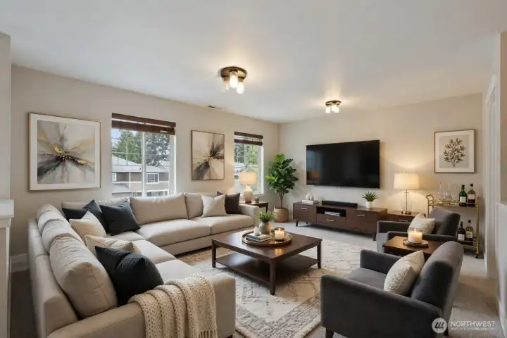 Located upstairs, this bright and spacious bonus room offers excellent versatility as a home office, playroom, media room, or additional family gathering space. The room is filled with natural light from two large windows overlooking the neighborhood, while the neutral beige walls and coordinating new carpet provide a clean, move-in-ready canvas that complement the home’s warm finishes. With ample square footage and multiple electrical outlets, this flexible upstairs bonus room easily accommodates various furniture configurations and serves as a perfect extension of the main living areas for work, play, or relaxation.