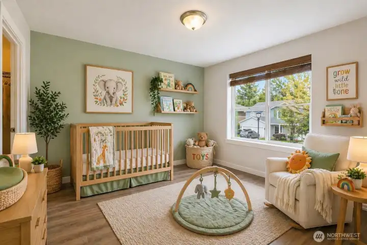 Large window floods the room with natural light, complemented by beautiful neutral finishes, gleaming laminate flooring, and a large closet. A serene and functional space perfect.