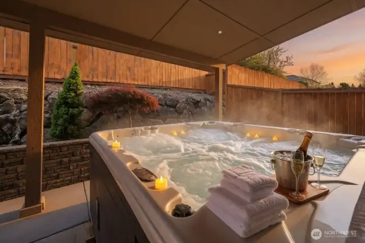 Private covered hot tub with therapeutic jets on a spacious, low-maintenance patio – the ultimate private backyard retreat!