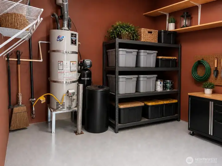 Additional bay area in the garage with epoxy -coated flooring in entire garage offers excellent flexibility for storage, workshop space, hobbies, or organization needs. This functional area also houses the hot water tank and water filtration system, while built-in shelving provides convenient extra storage and easy access to household essentials.