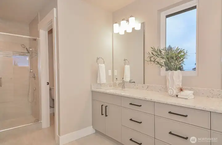 Primary bath with double vanity. Primary bath with double vanity.