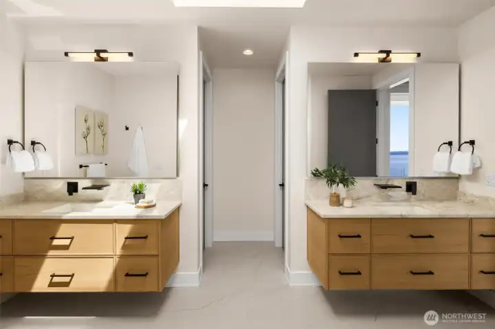 Double vanities and amazing natural light in the Primary suite bath