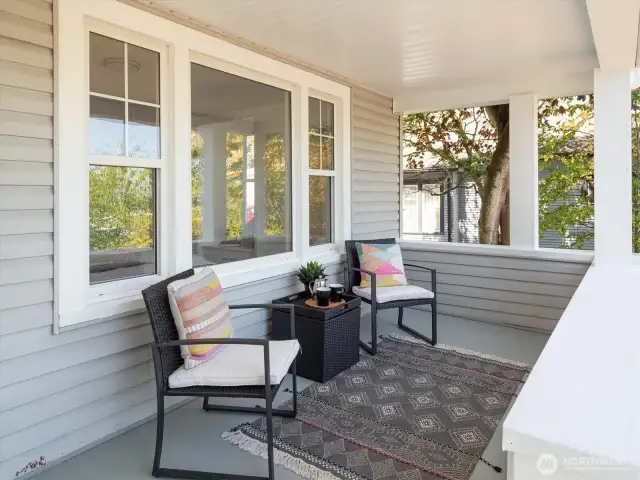 Expansive east-facing porch opens to Cascade views and golden sunrise