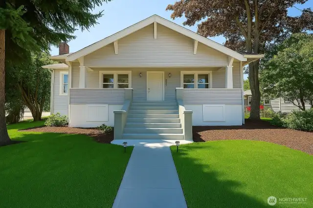 Green grass rendered virtually. The east façade showcases a stately approach, with grand front stairs and a gracefully designed walkway.
