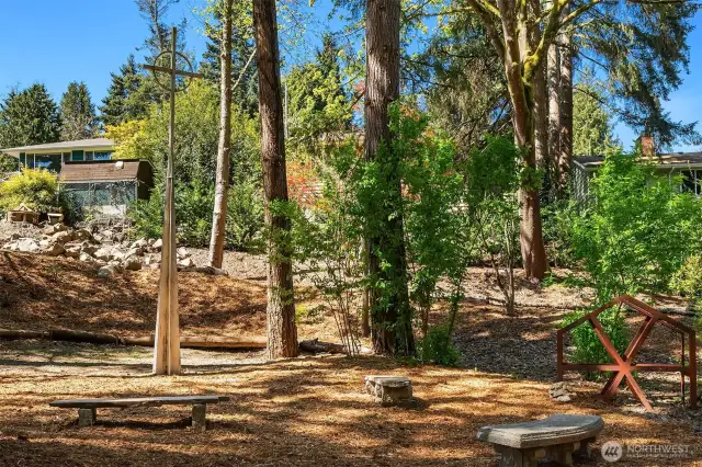 A Meditation garden in the private open space at Thornton Creek has been created from relics of the former St. George Episcopal church which previously stood on the property.