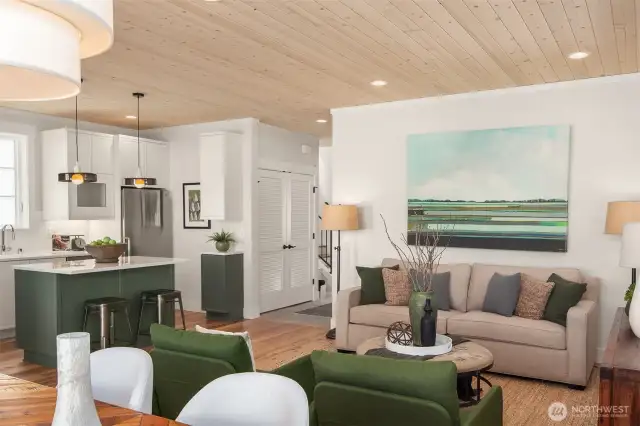 The comfortable kitchen and living room.