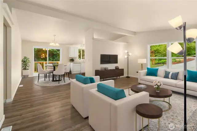 Spacious and open floorplan with vaulted ceilings and lots of windows to take in the outdoors -virtually staged to give you vision of the possibilities