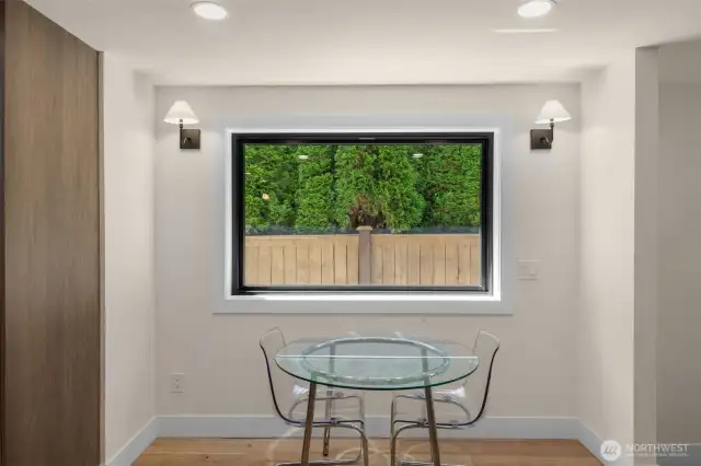 New windows and private setting make this eating space comfortable