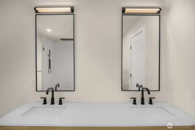 Two vanity completes the luxe feel and function of the primary bath.