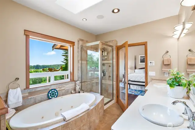 Primary spa bathroom, shower has 6 comfort shower heads