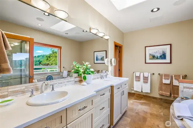 Primary spa bathroom, shower has 6 comfort shower heads