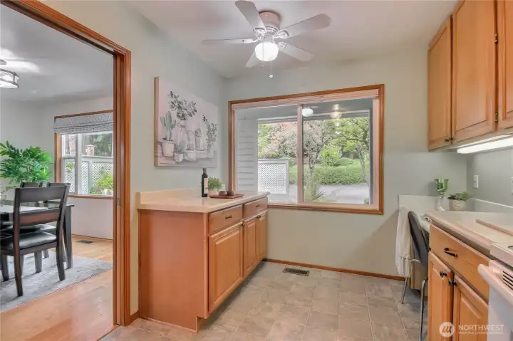 Kitchen buffet with ShelfGenie pull-outs. Desk area. Extended cabinets. Ceiling fan.