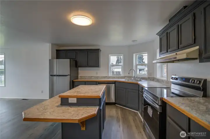 Freshly painted kitchen cabinets.