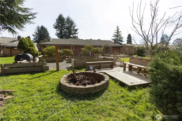 Firepit and raised garden beds
