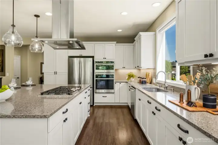 Statement pendant lighting, Quartz counters, elegant aged bronze hardware, single undermount sink and beautiful cabinetry make this kitchen timeless and stunning!