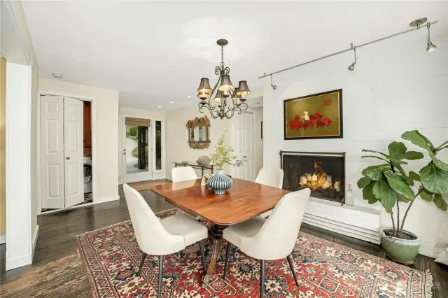 Cozy fireplace next to the dinning table