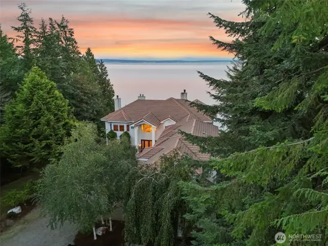 Drone pic of mansion and puget sound views.