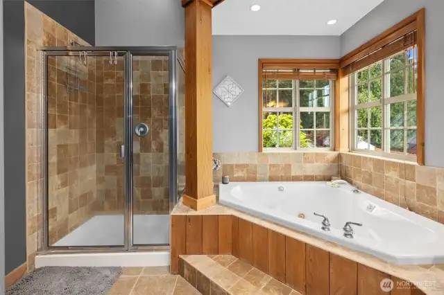 Jetted soaking tub with tile surround, walk -in shower, and walk-in closet.