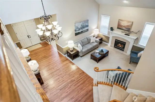 A beautiful perspective of soaring ceilings and refined living below.