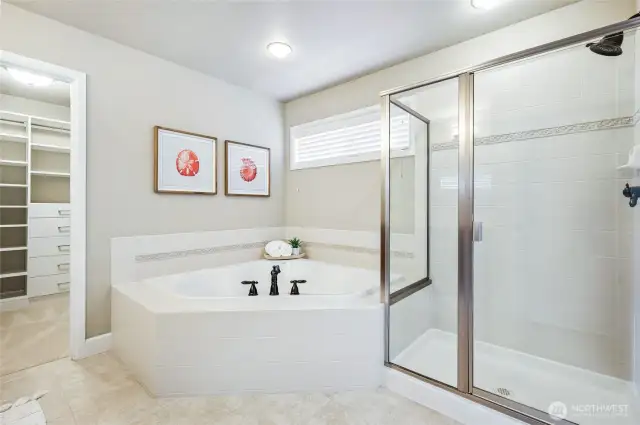 Luxurious primary bath with glass surround walk-in shower & soaking tub.