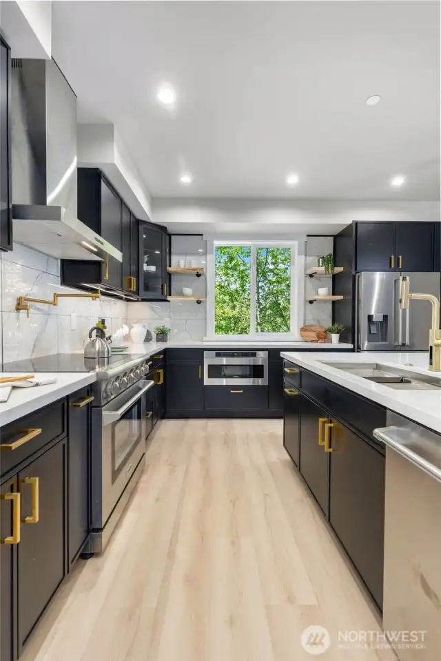 Solid wood cabinetry with durable sistered drawer construction + compression (easy close drawers and doors).