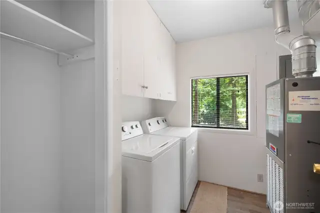 Utility room with the natural gas water heater. Washer Dryer stay.