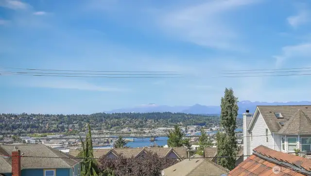 Westerly views of the Olympic Mountains and the ship canal.