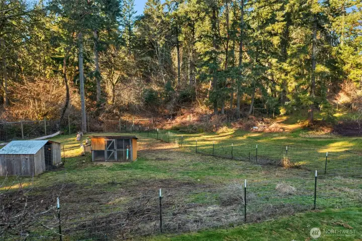 The livestock pasture is below the home to the west. Home to happy goats in the past, it has two paddocks.