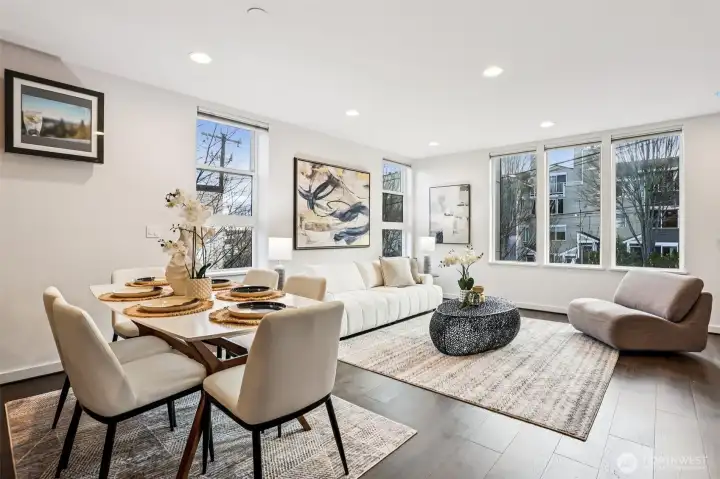 Dining room and living room.